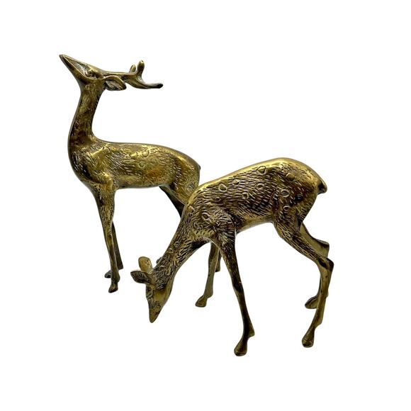 Ornate Brass 7” Deer Buck 5” Doe Set Of 2 Figurines Patina - Picture 2 of 16